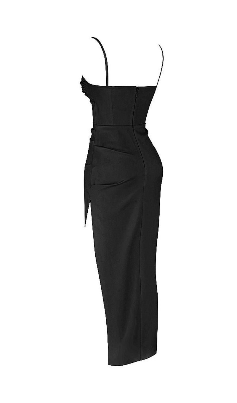 SATIN SLIT CORSET MAXI DRESS IN BLACK