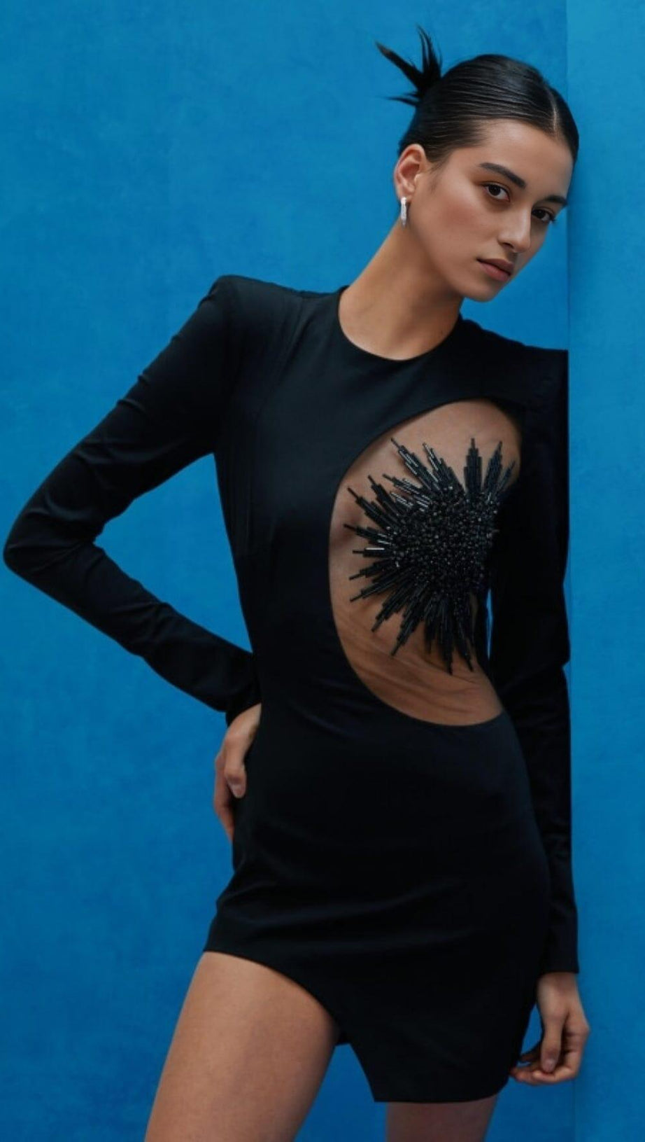 EMBELLISHED LONG SLEEVE BANDAGE MINI DRESS IN BLACK