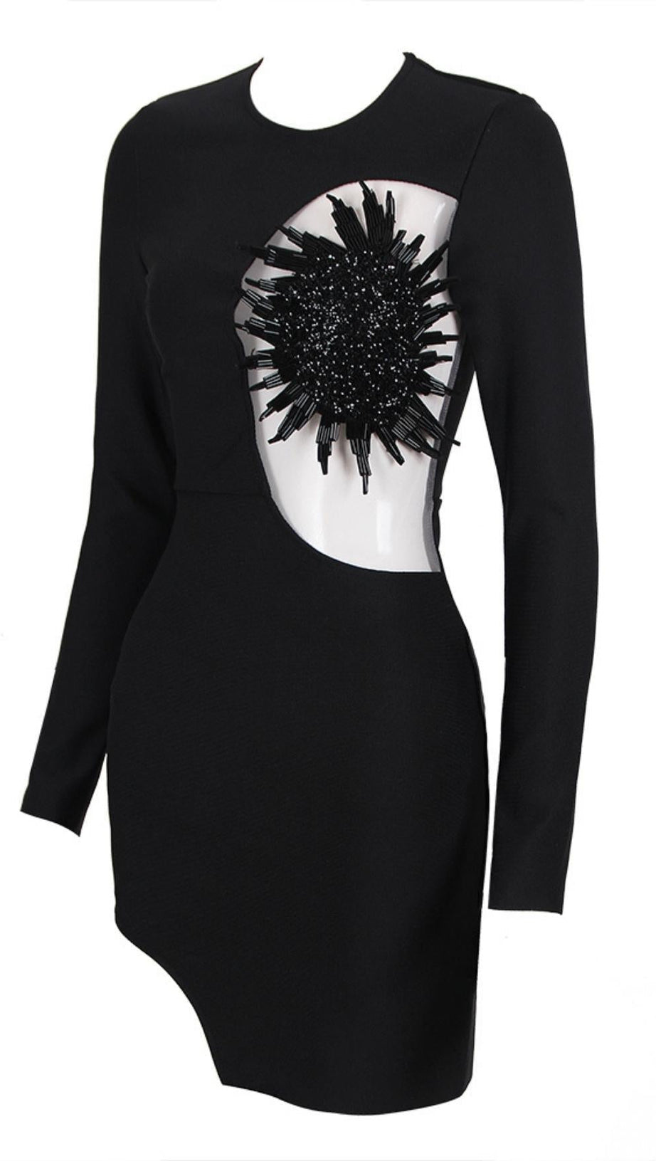 EMBELLISHED LONG SLEEVE BANDAGE MINI DRESS IN BLACK