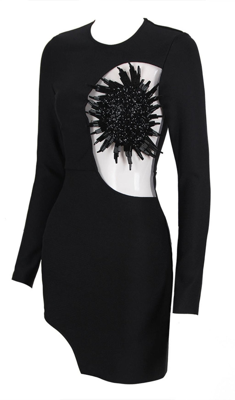 EMBELLISHED LONG SLEEVE BANDAGE MINI DRESS IN BLACK