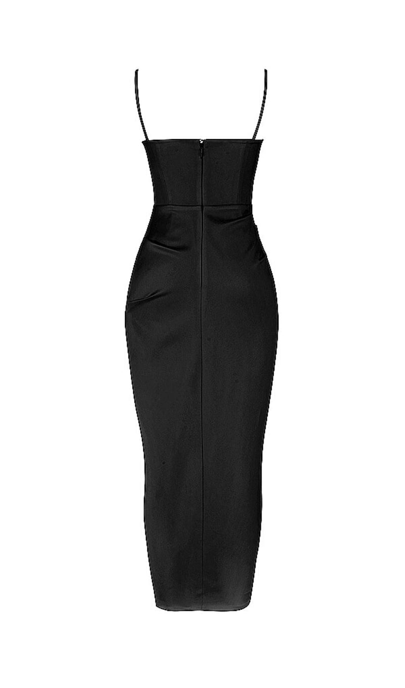 SATIN SLIT CORSET MAXI DRESS IN BLACK