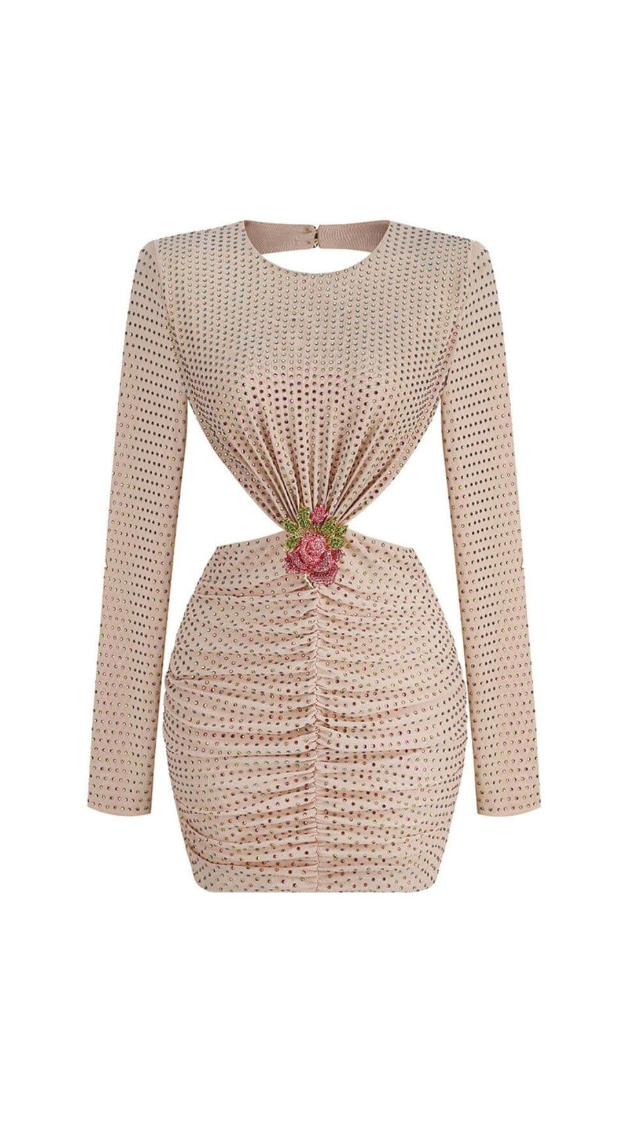 LONG-SLEEVE CREW NECK GLITTER MINI DRESS IN MAHOGANY WOOD