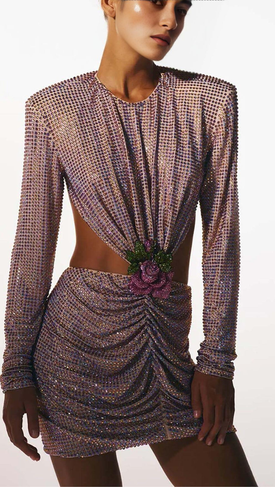 LONG-SLEEVE CREW NECK GLITTER MINI DRESS IN MAHOGANY WOOD