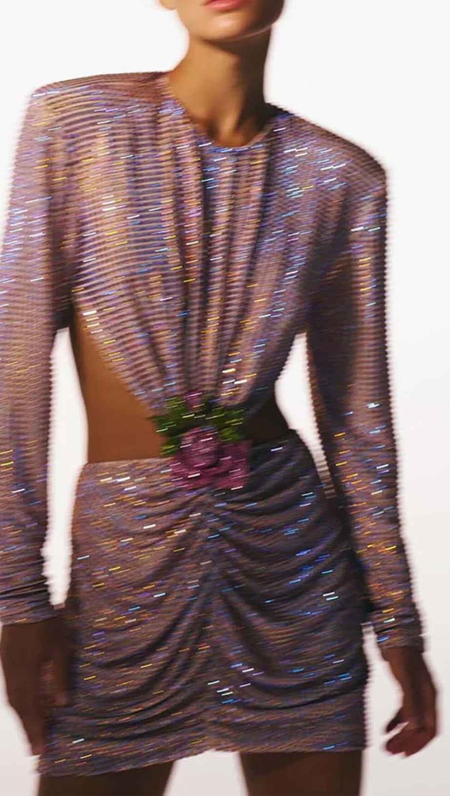 LONG-SLEEVE CREW NECK GLITTER MINI DRESS IN MAHOGANY WOOD