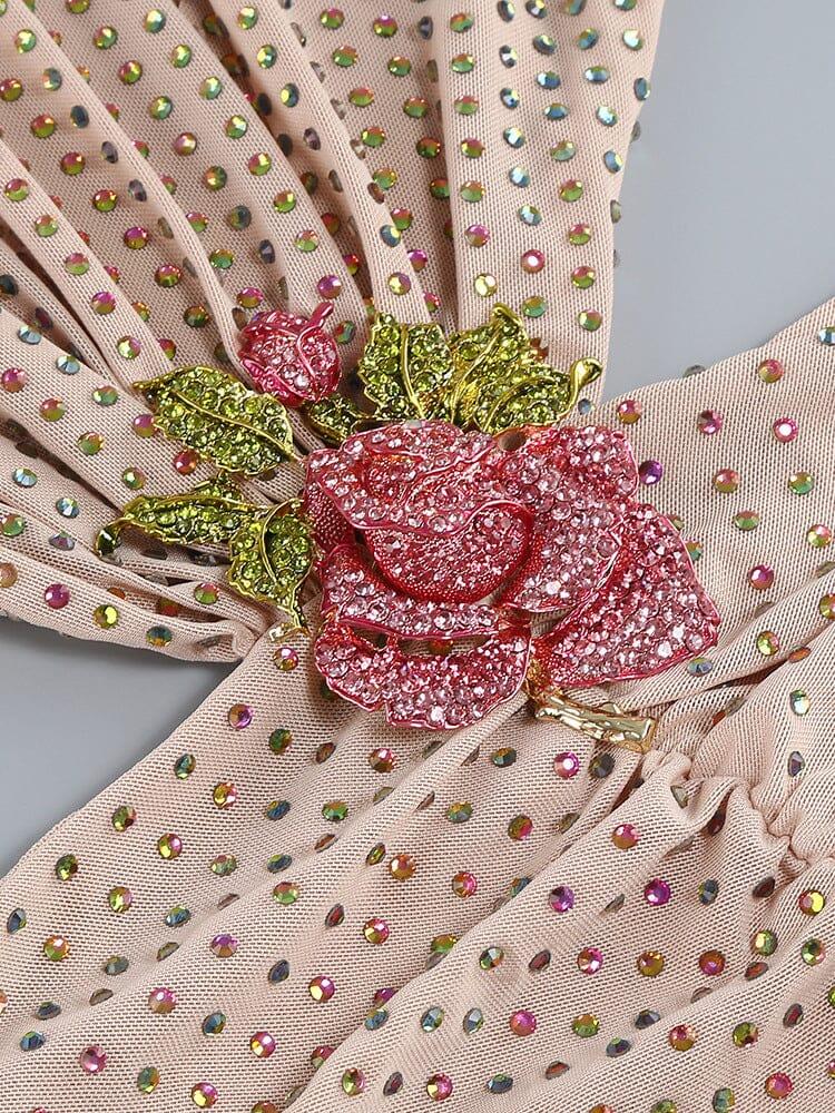 MINI ABITO GLITTER A MANICHE LUNGHE IN LEGNO DI MOGANO CON SCOLLO GIROCOLLO