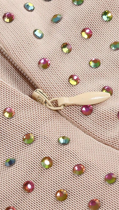 LONG-SLEEVE CREW NECK GLITTER MINI DRESS IN MAHOGANY WOOD