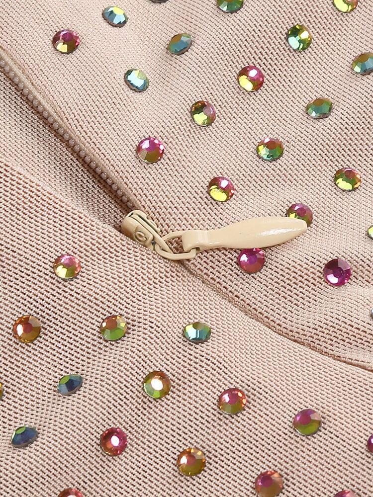MINI ABITO GLITTER A MANICHE LUNGHE IN LEGNO DI MOGANO CON SCOLLO GIROCOLLO