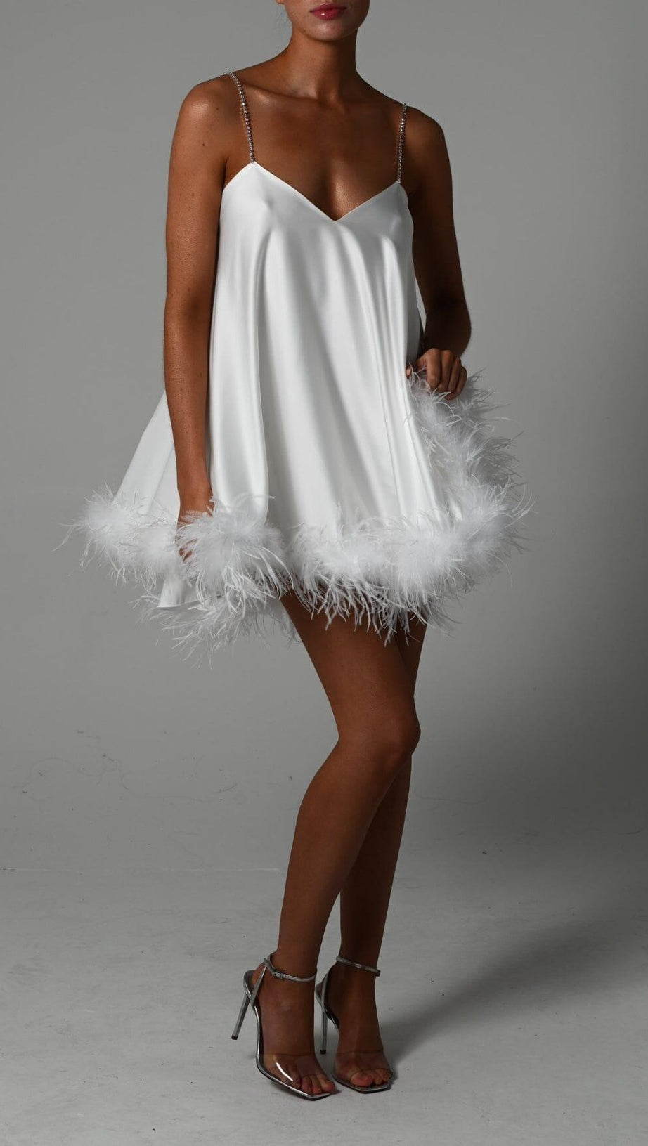 FEATHER HEM MINI DRESS IN LVORY