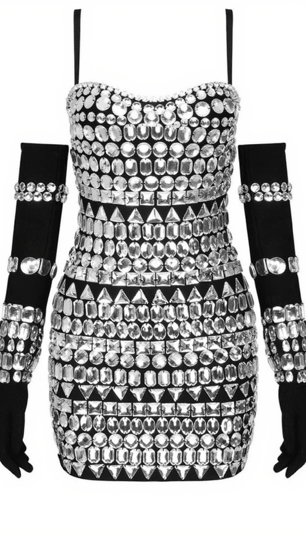 AIIZIE IZAIAH CRYSTAL EMBELLISHED BANDAGE DRESS WITH GLOVES IN BLACK - product image