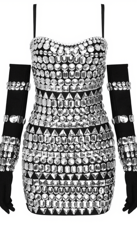 Izaiah – Schwarzes Bandage-Kleid mit Kristallverzierung und Handschuhen