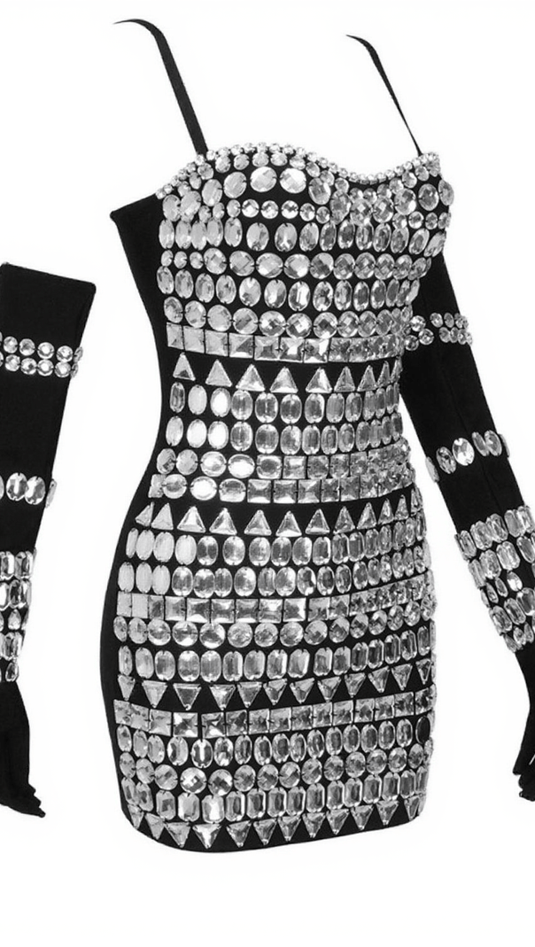 AIIZIE IZAIAH CRYSTAL EMBELLISHED BANDAGE DRESS WITH GLOVES IN BLACK - product image