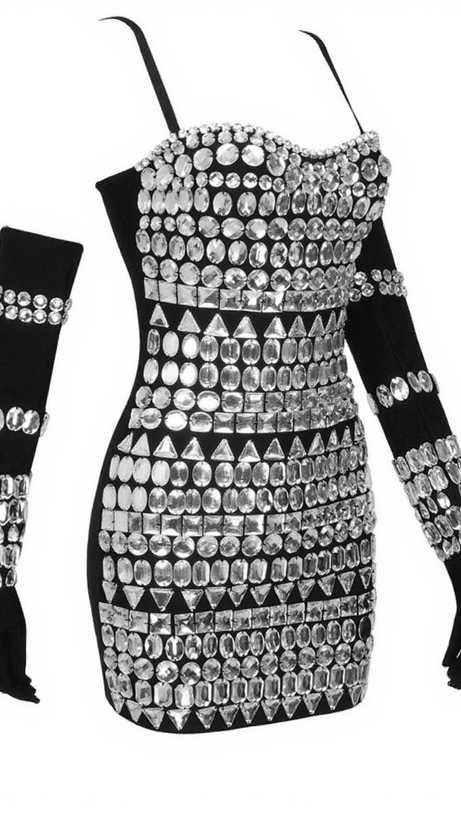 Izaiah – Schwarzes Bandage-Kleid mit Kristallverzierung und Handschuhen