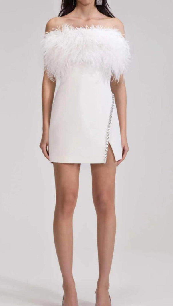 AIIZIE BANDAGE FEATHER CRYSTAL MINI DRESS IN WHITE - product image