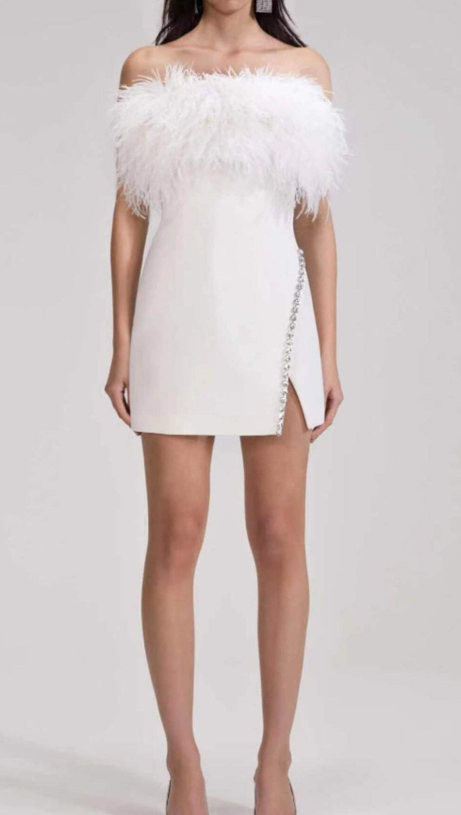 BANDAGE FEATHER CRYSTAL MINI DRESS IN WHITE