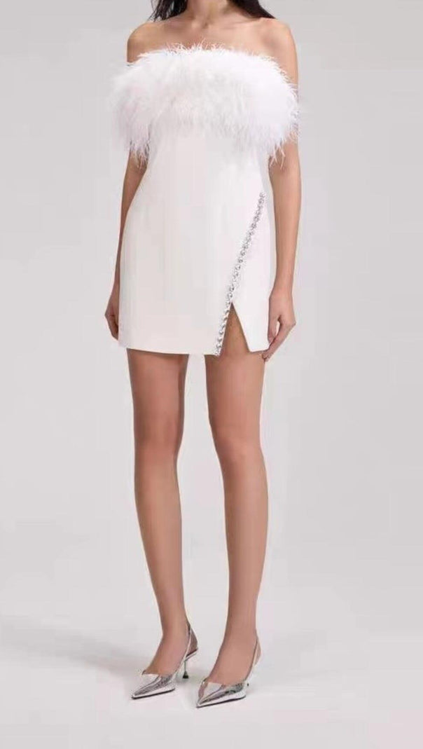 AIIZIE BANDAGE FEATHER CRYSTAL MINI DRESS IN WHITE - product image