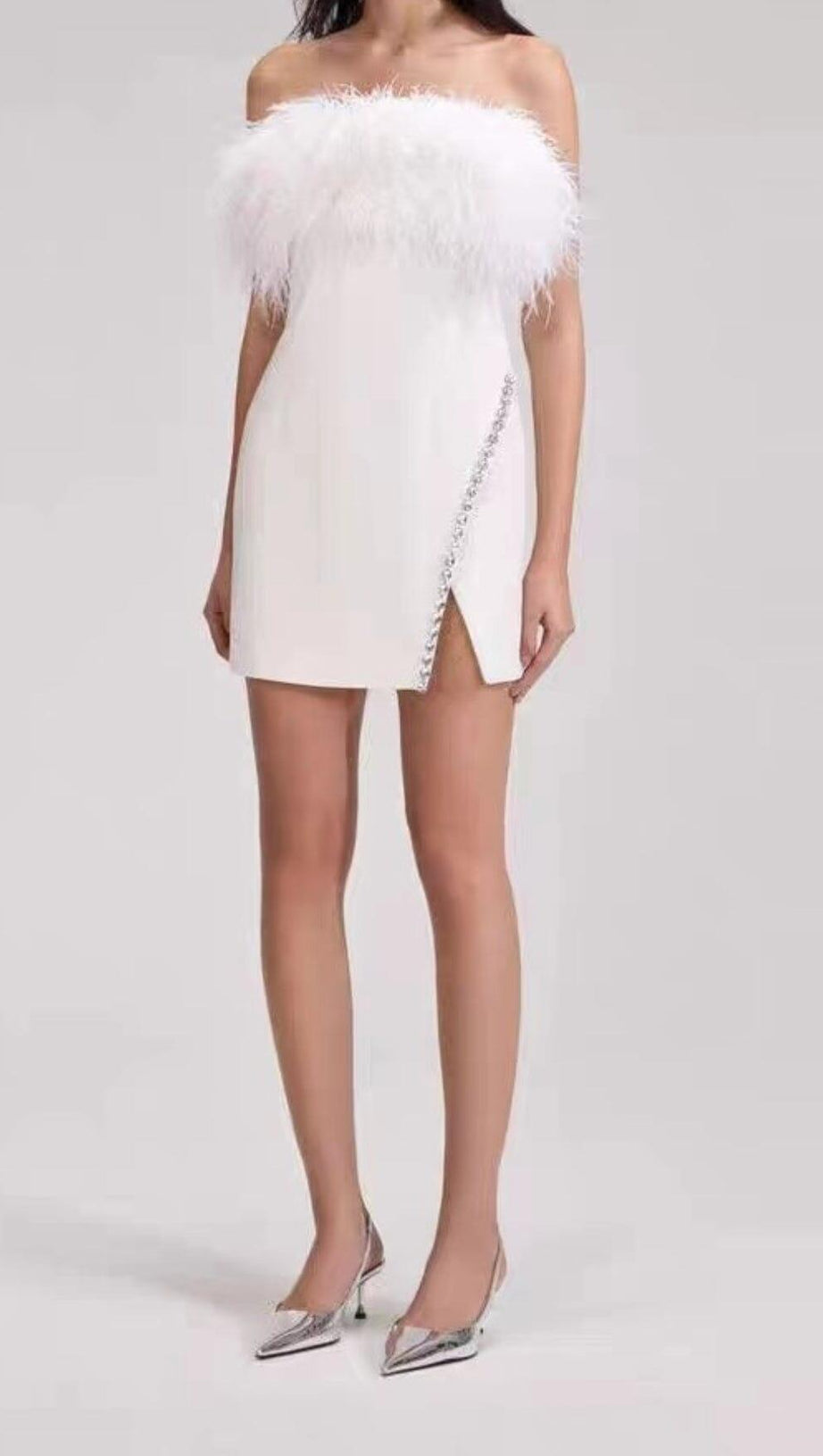 BANDAGE FEATHER CRYSTAL MINI DRESS IN WHITE