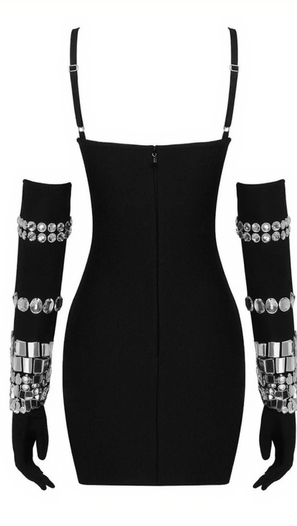 AIIZIE IZAIAH CRYSTAL EMBELLISHED BANDAGE DRESS WITH GLOVES IN BLACK - product image