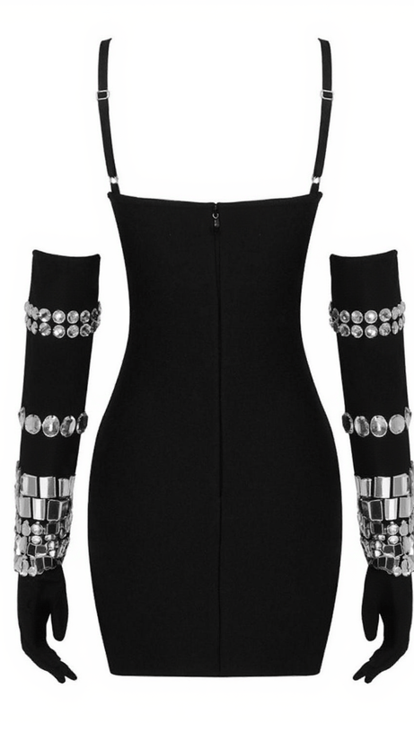 Izaiah – Schwarzes Bandage-Kleid mit Kristallverzierung und Handschuhen