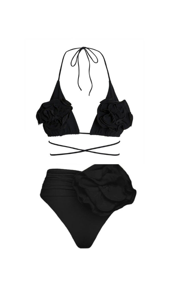 AIIZIE FLORAL APPLIQUÉ TRIANGLE BIKINI SUIT IN BLACK - product image