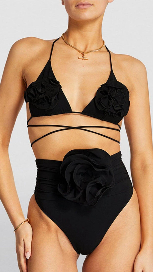 AIIZIE FLORAL APPLIQUÉ TRIANGLE BIKINI SUIT IN BLACK - product image