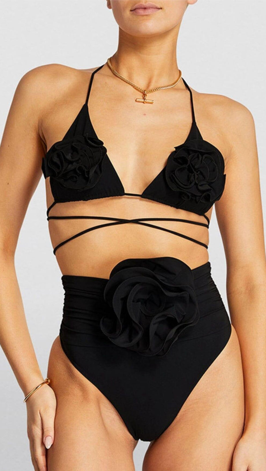 FLORAL APPLIQUÉ TRIANGLE BIKINI SUIT IN BLACK