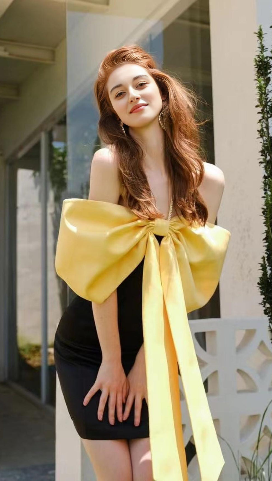 HALTER BOW PATCHWORK MINI DRESS