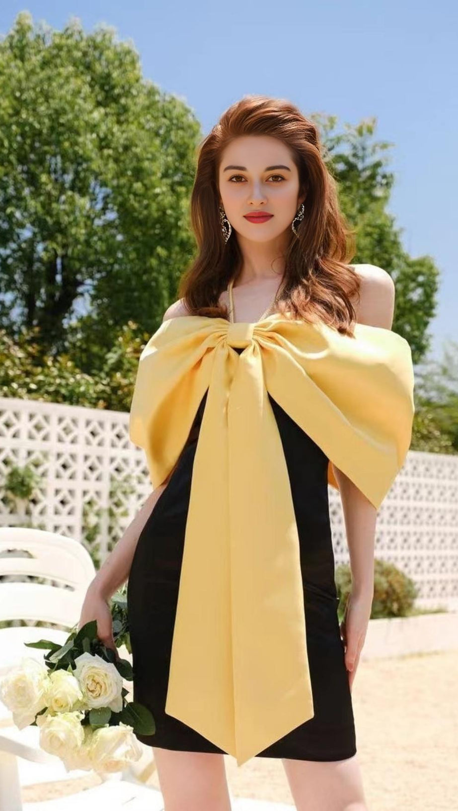 HALTER BOW PATCHWORK MINI DRESS