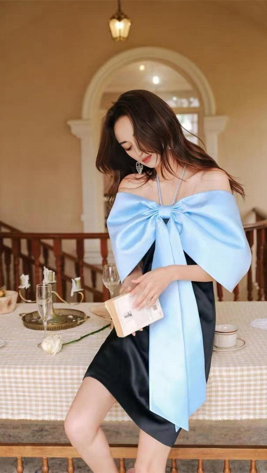 HALTER BOW PATCHWORK MINI DRESS