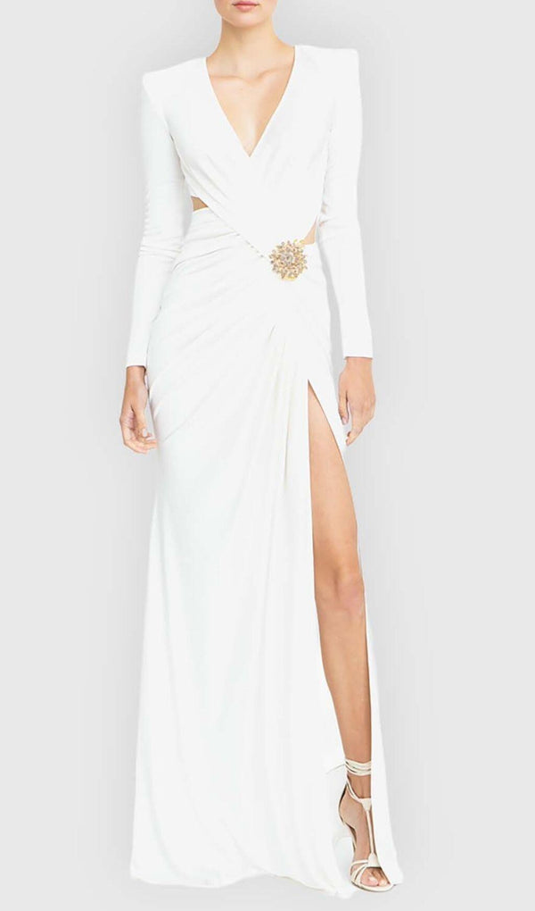 PHENIX BROOCH CUTOUT MAXI DRESS IN WHITE