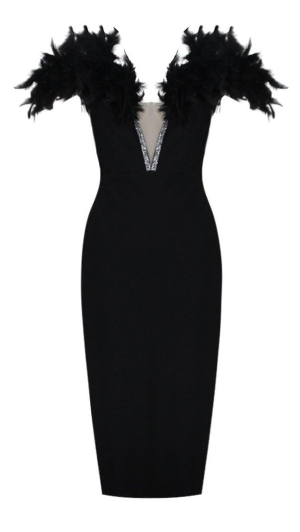 AIIZIE FEATHER PLUNGE MIDI DRESS IN BLACK - product image