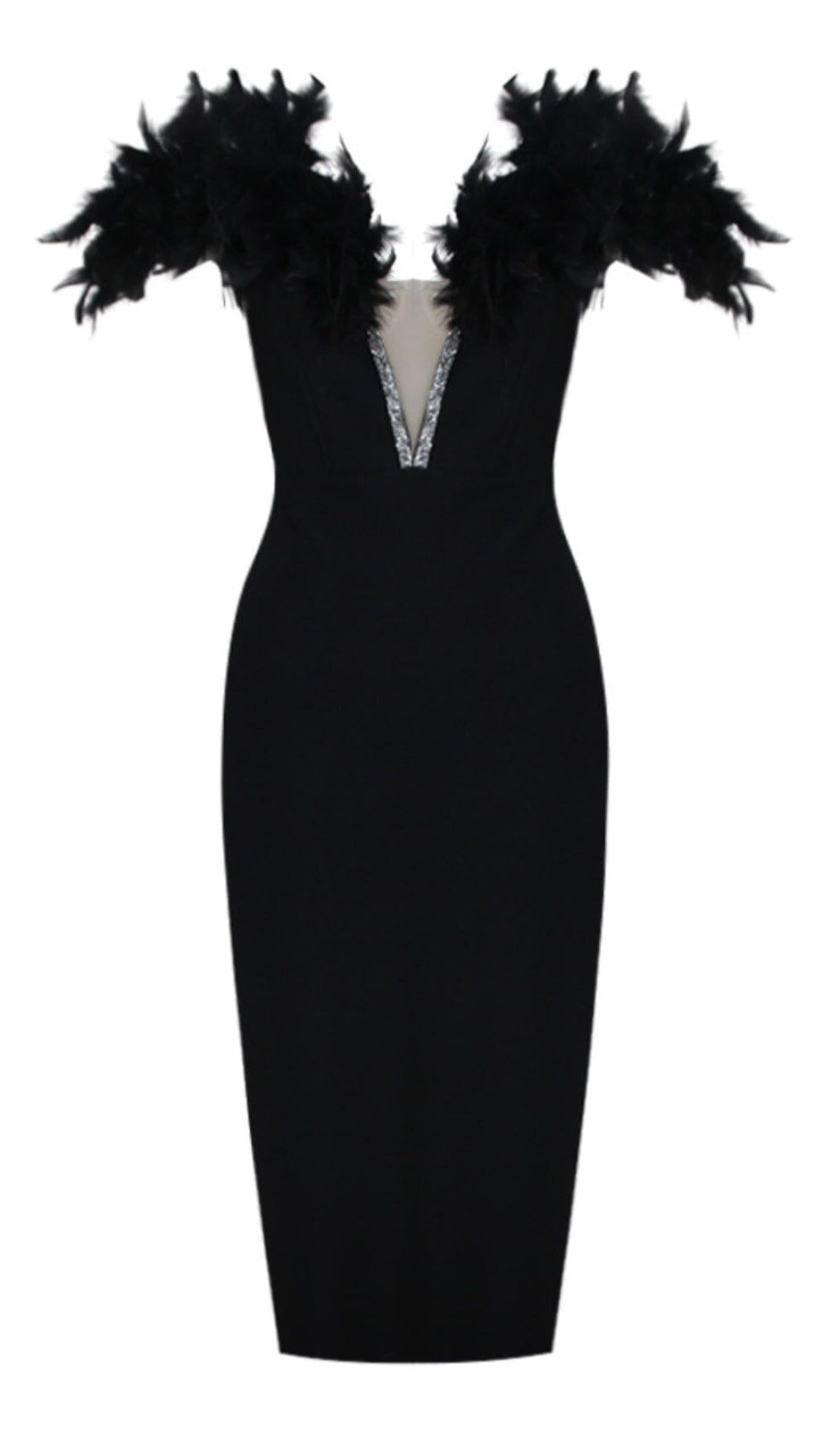 FEATHER PLUNGE MIDI DRESS IN BLACK