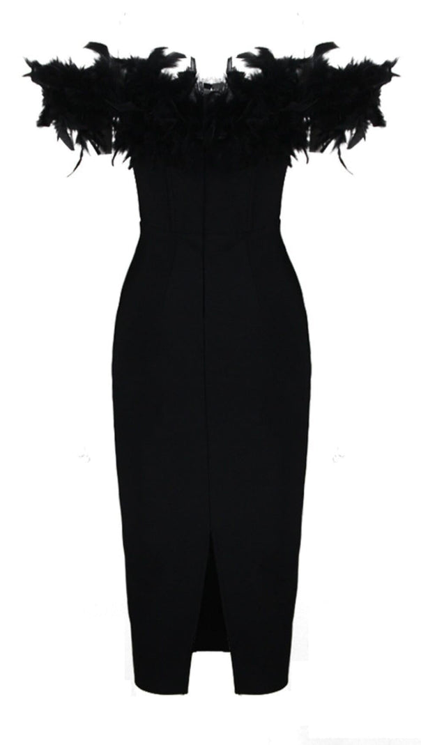 AIIZIE FEATHER PLUNGE MIDI DRESS IN BLACK - product image