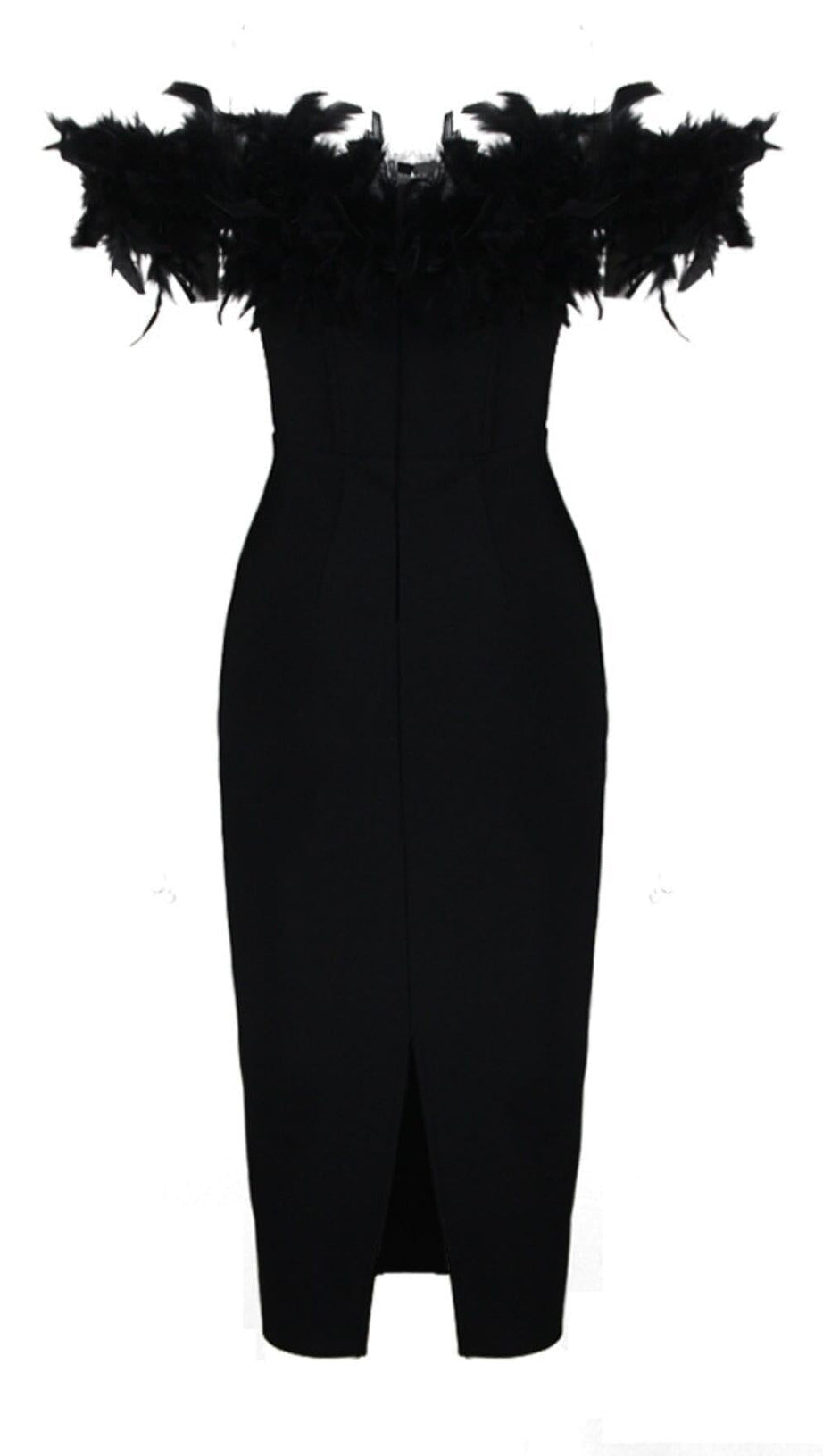 ABITO MIDI CON SCOLLO A V E PIUME IN NERO