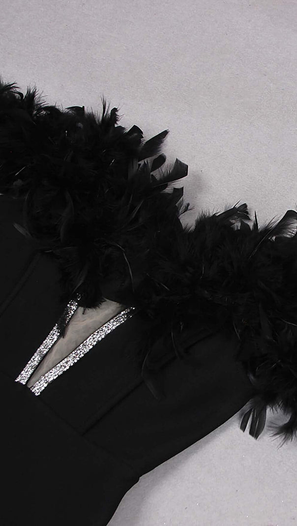 AIIZIE FEATHER PLUNGE MIDI DRESS IN BLACK - product image