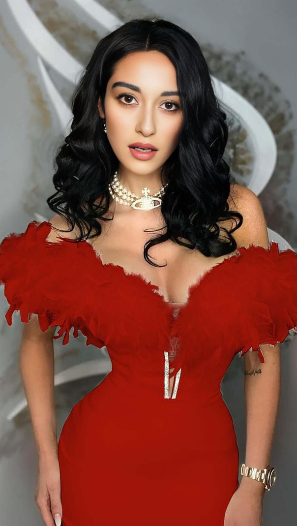 AIIZIE FEATHER PLUNGE MIDI DRESS - product image