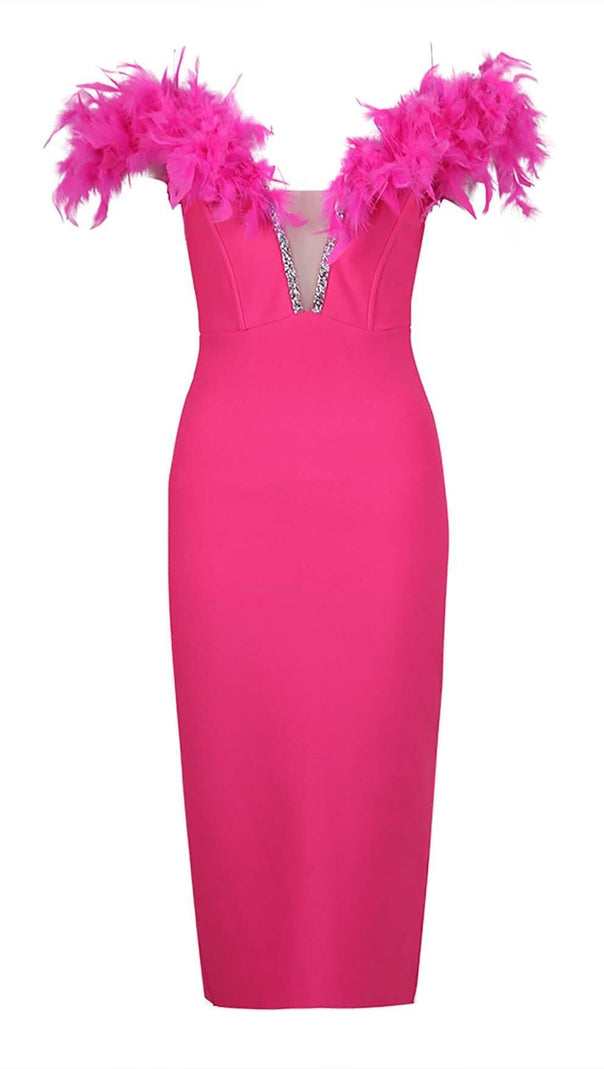 AIIZIE FEATHER PLUNGE MIDI DRESS IN ROSE - product image