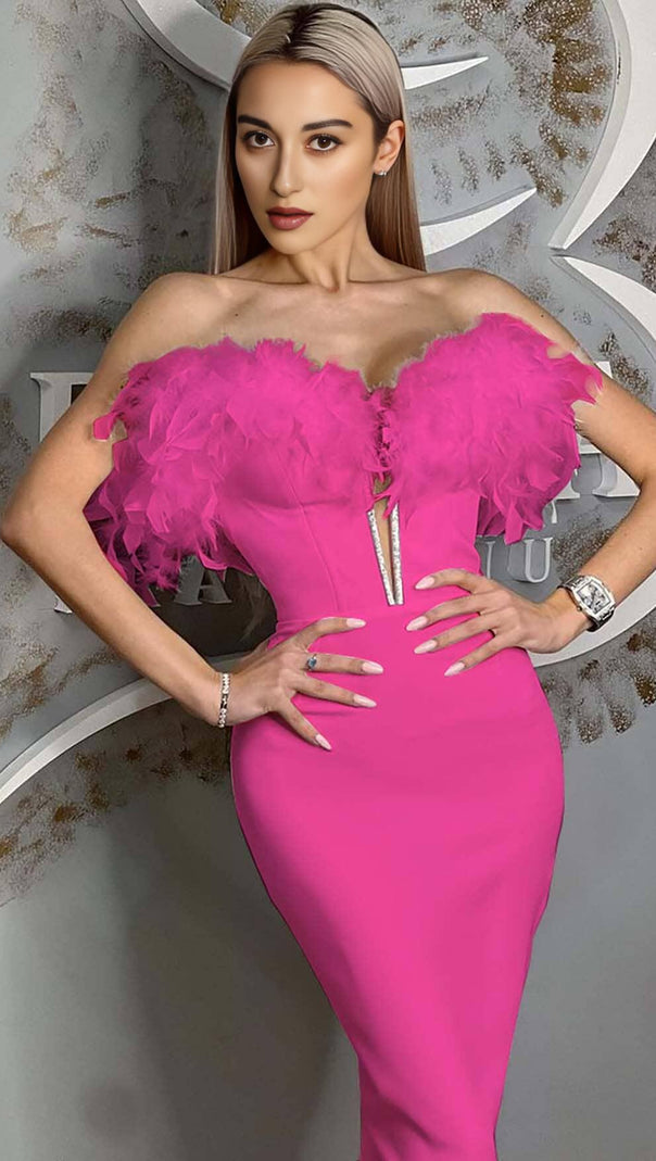 AIIZIE FEATHER PLUNGE MIDI DRESS IN ROSE - product image