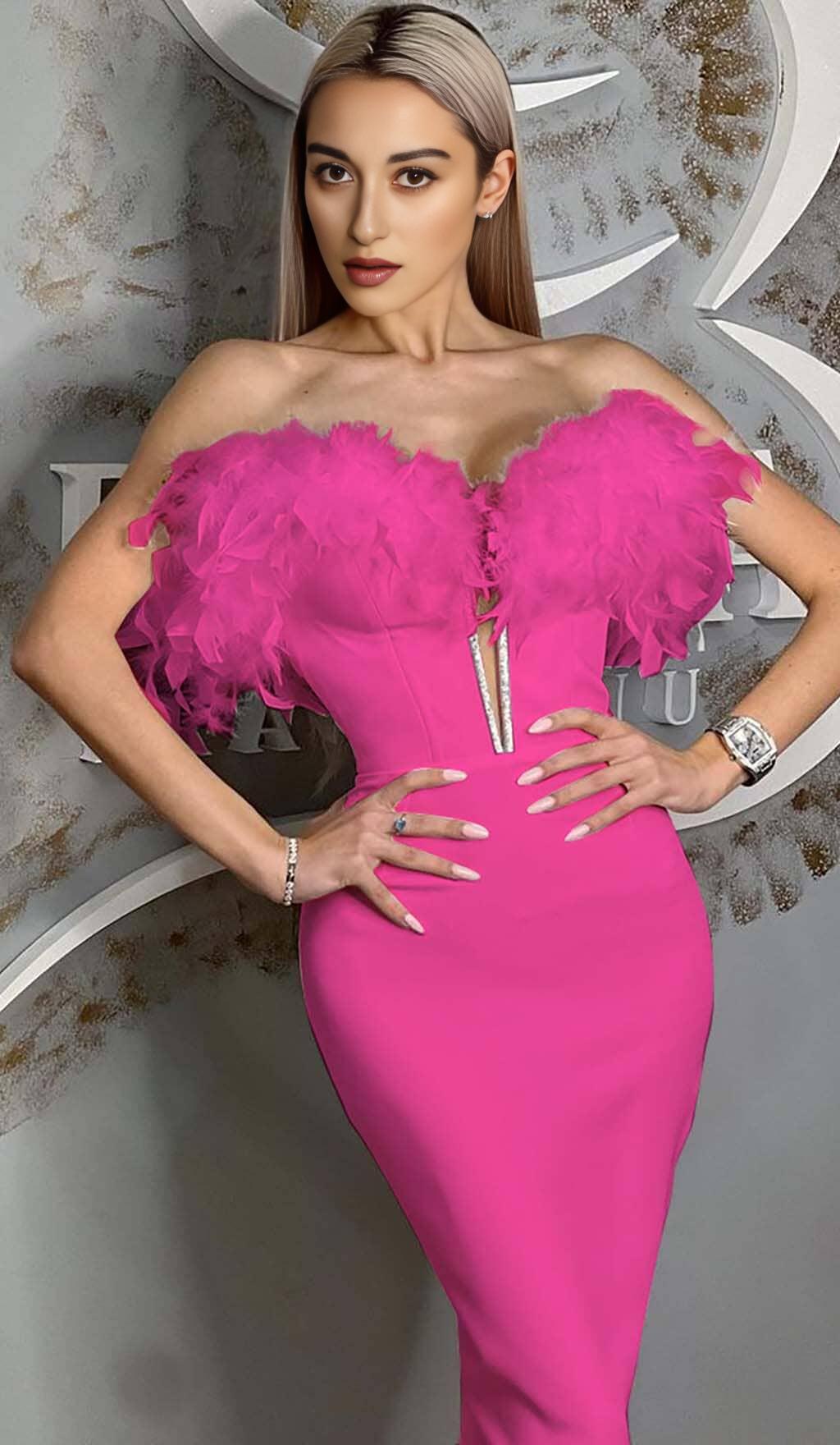 ABITO MIDI CON SCOLLO A V E PIUME ROSA