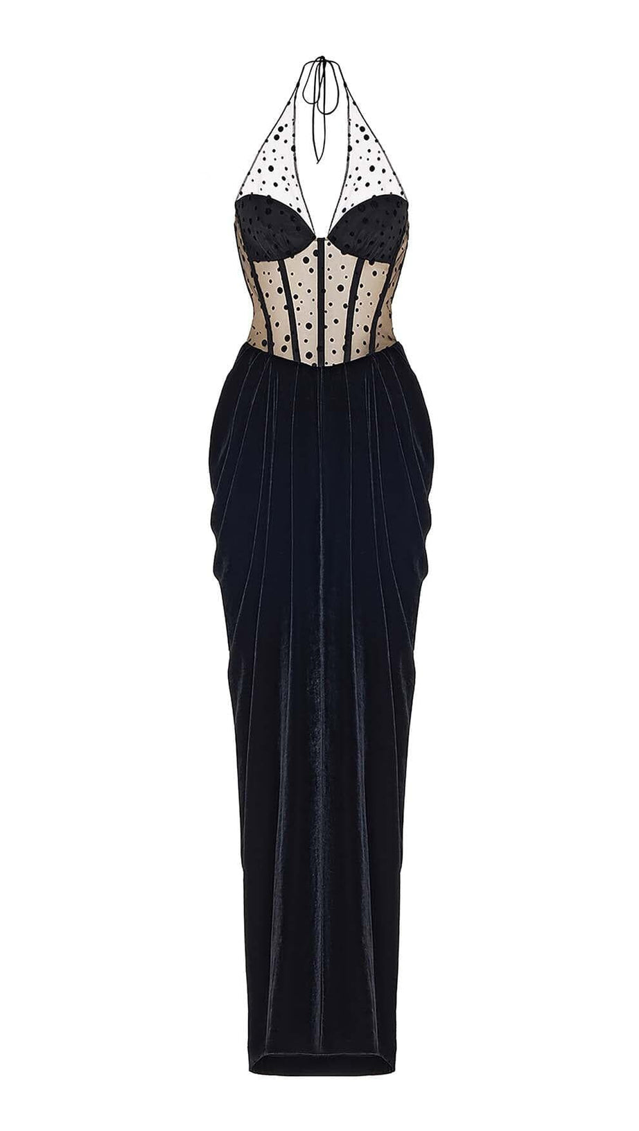 MAXI-KLEID AUS NETZSAMT IN SCHWARZ