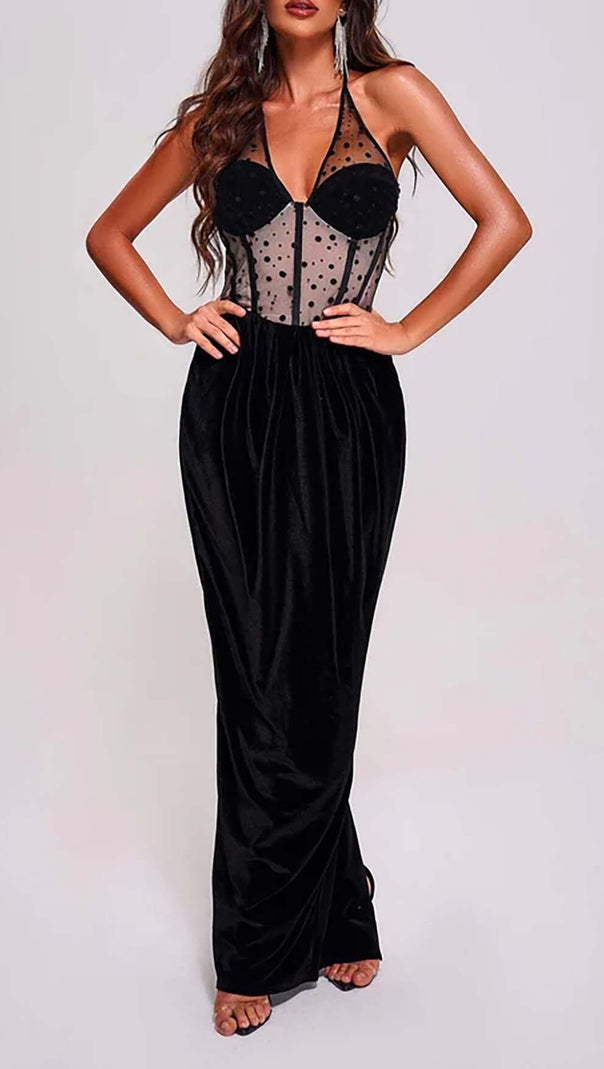 AIIZIE MESH VELVET MAXI DRESS IN BLACK - product image