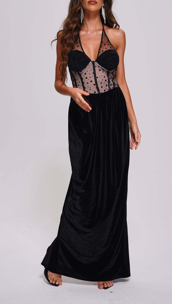 AIIZIE MESH VELVET MAXI DRESS IN BLACK - product image