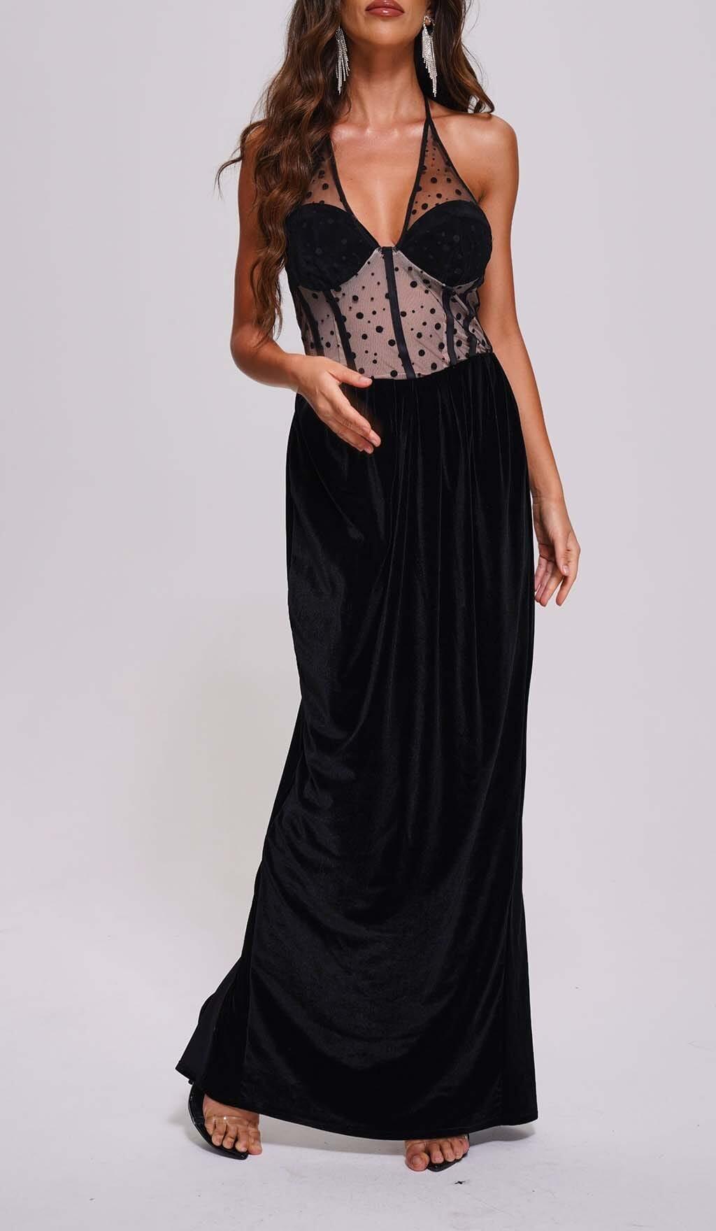 MESH VELVET MAXI DRESS IN BLACK