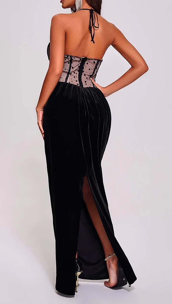 AIIZIE MESH VELVET MAXI DRESS IN BLACK - product image