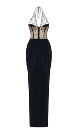 MESH VELVET MAXI DRESS IN BLACK