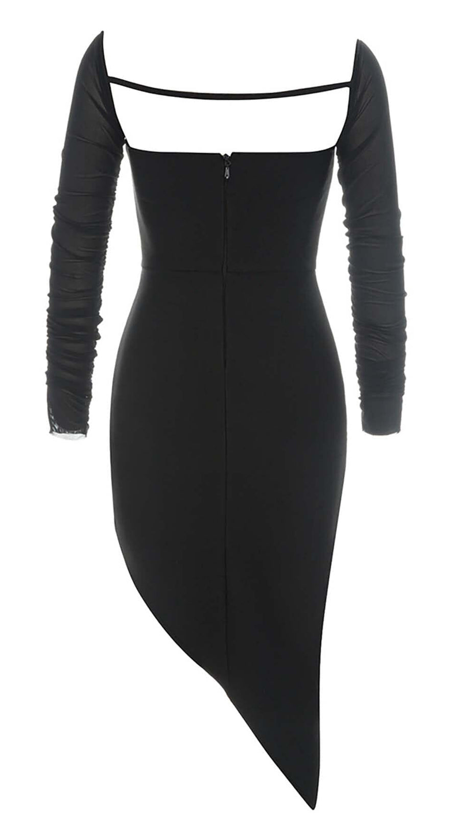 MESH ASYMMETRICAL MIDI DRESS IN BLACK – AIIZIE