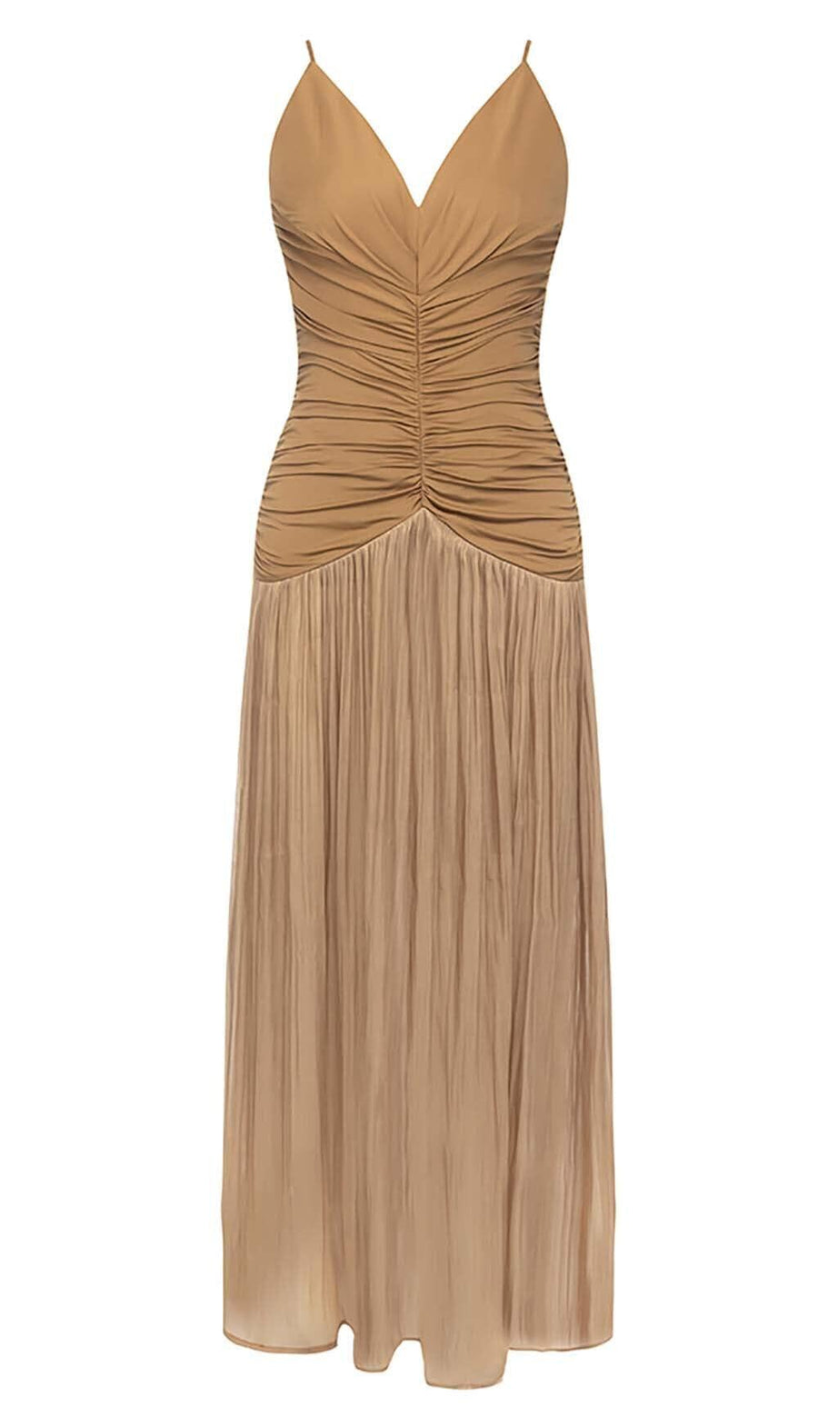 ABITO MIDI CON SPALLINE PLISSETTATE MARRONE