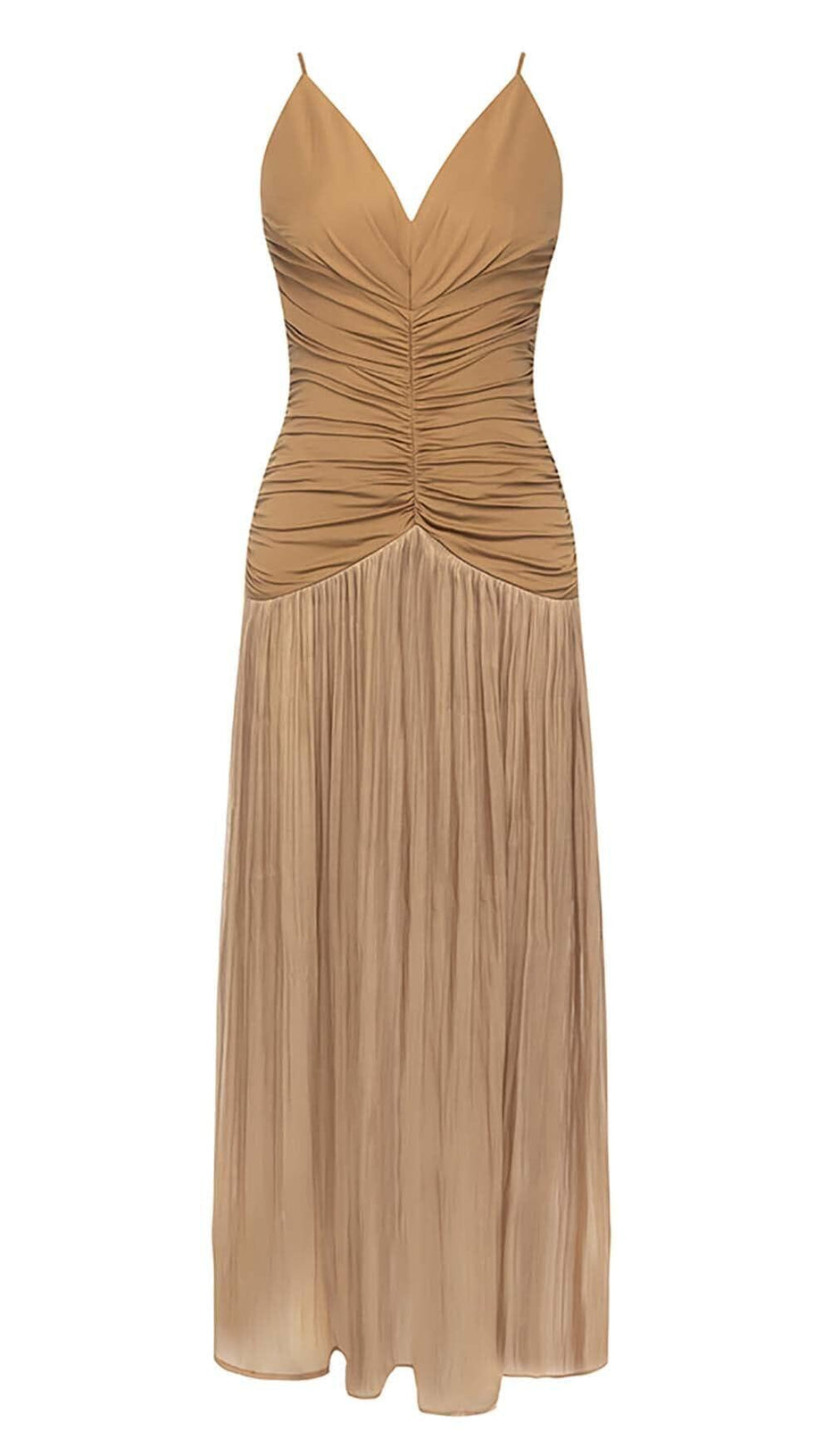 ABITO MIDI CON SPALLINE PLISSETTATE MARRONE