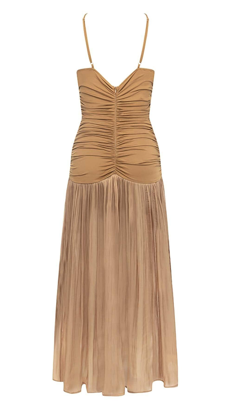 ABITO MIDI CON SPALLINE PLISSETTATE MARRONE