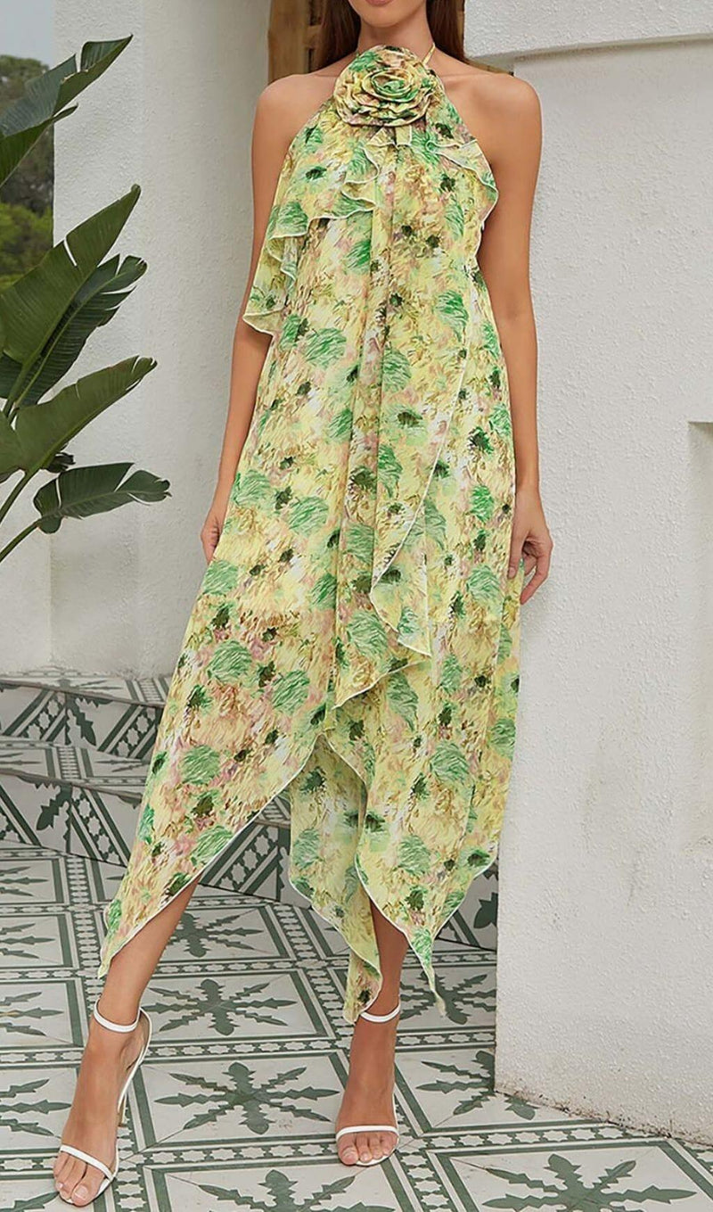 FLORAL PRINT HEM HALTER DRESS IN GREEN