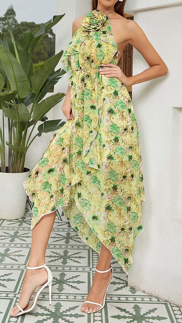 AIIZIE FLORAL PRINT HEM HALTER DRESS IN GREEN - product image